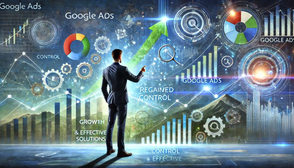 Profesional señalando gráficos ascendentes con íconos de Google Ads y crecimiento.