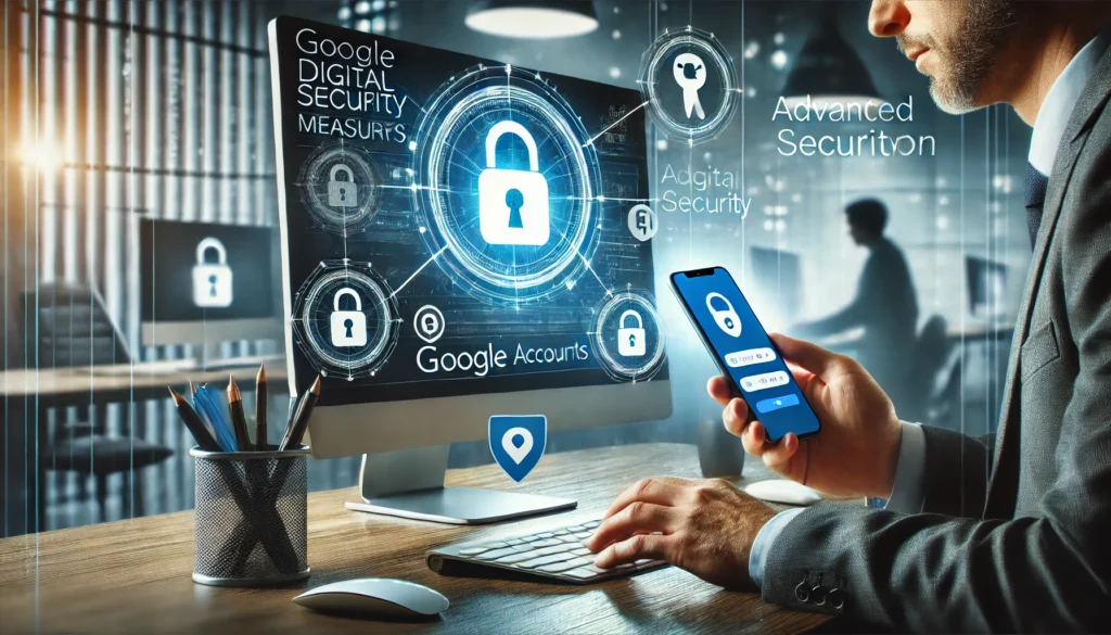 Persona configurando seguridad en un ordenador y usando autenticación de dos factores en su smartphone.