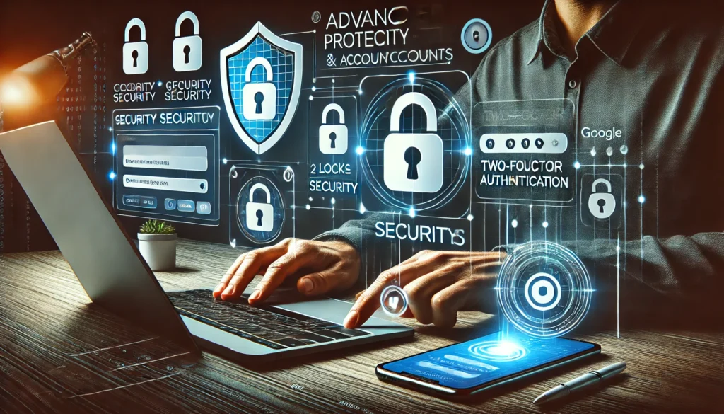 Profesional configurando medidas de seguridad en un ordenador con íconos de escudos y candados.
