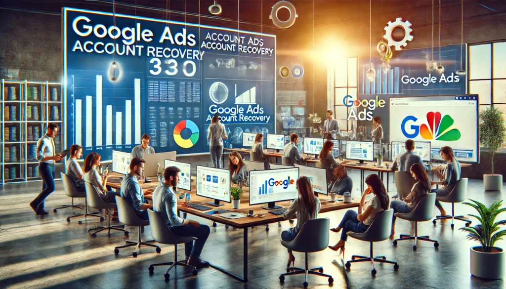 Oficina moderna con equipo grande, analizando datos y estrategias de Google Ads.